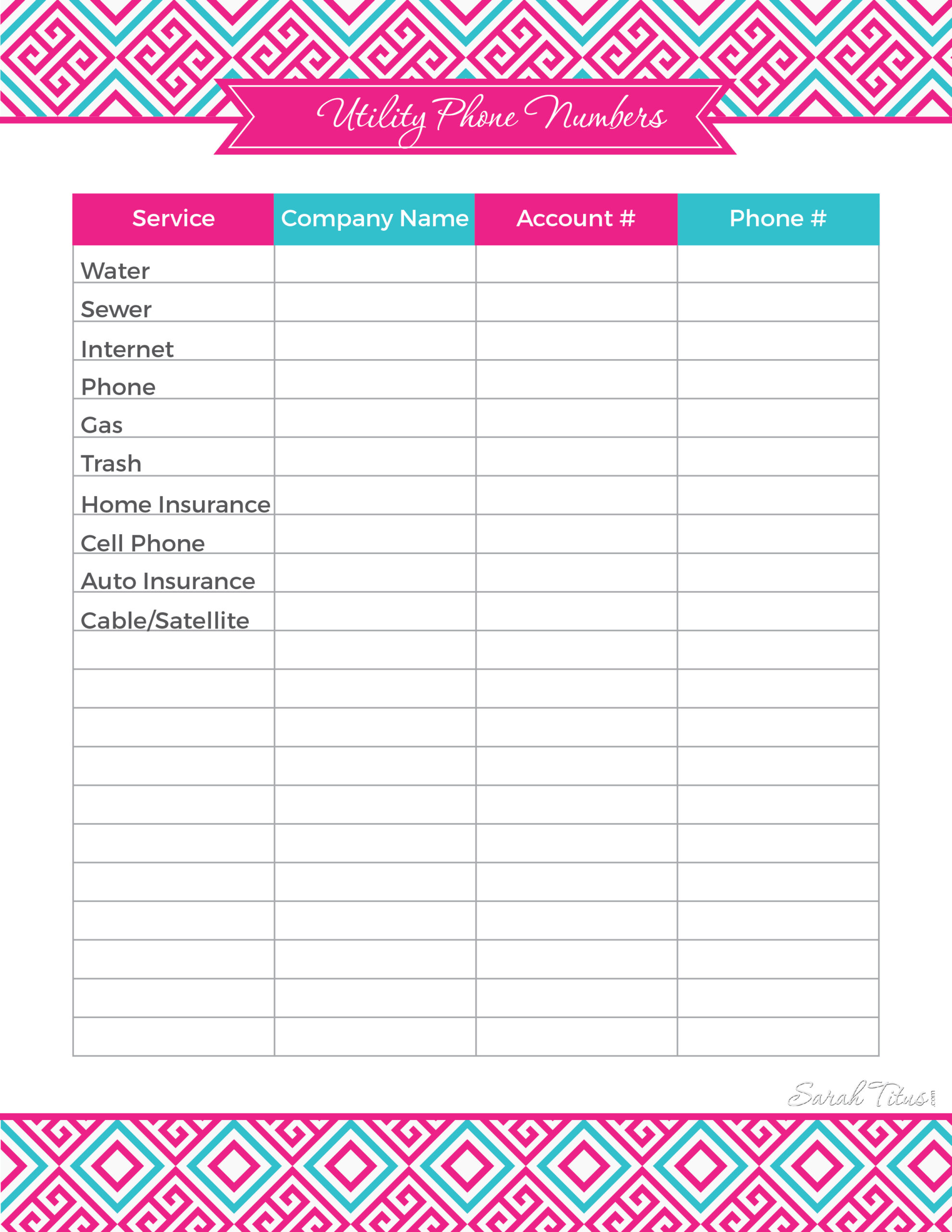 Household Binder Utility Phone Numbers Sarah Titus