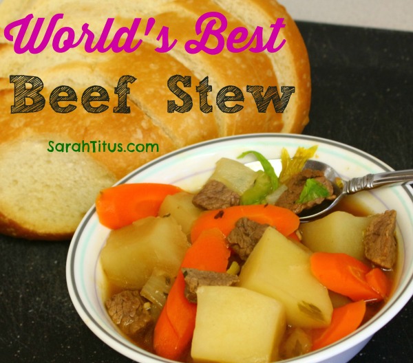 Worlds best beef stew with beef, potatoes, carrots and a side of crusty bread