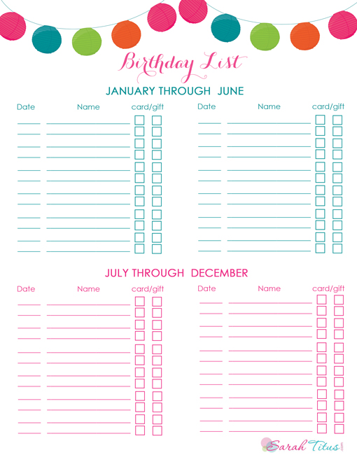 Birthday List Printable for the year