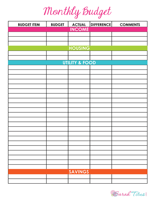 Monthly Budget chart printable