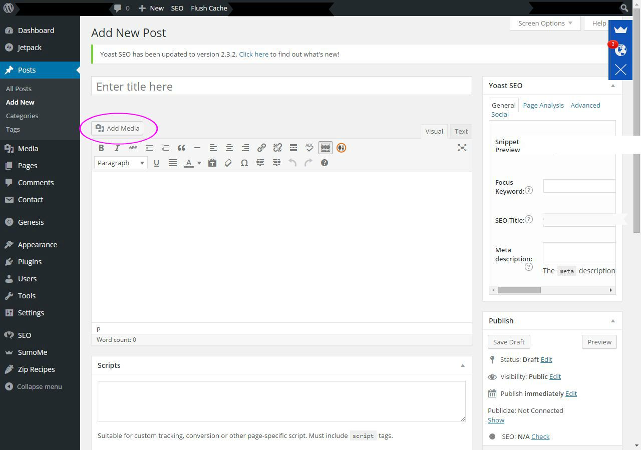 Button on wordpress "add new post" showing where to add media to your post