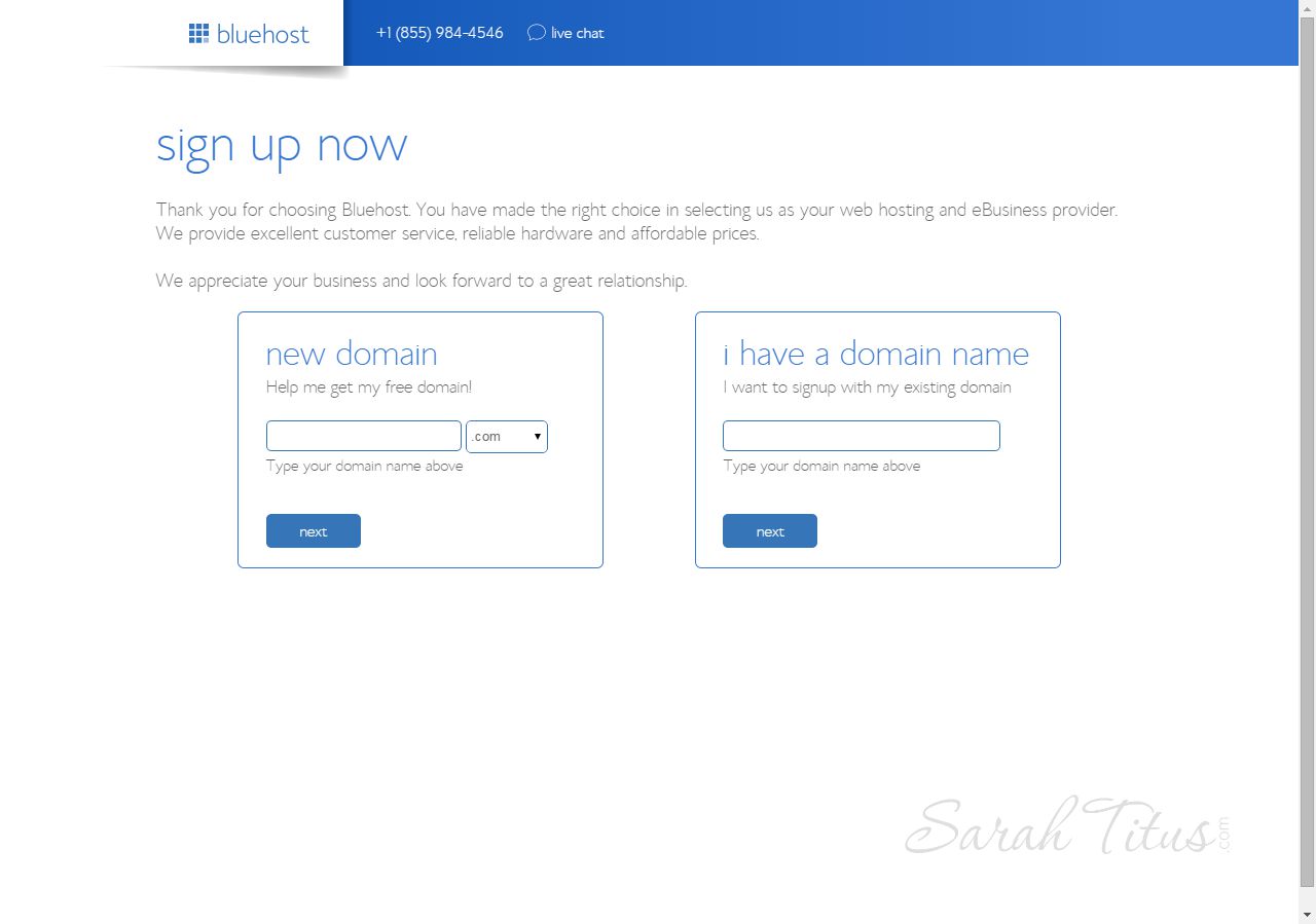 Bluehost web hosting sign up now page screenshot