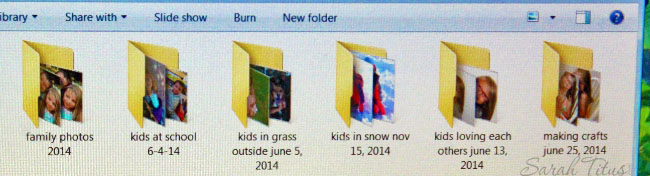 Screenshot of folders labeled with both kids and what they were doing