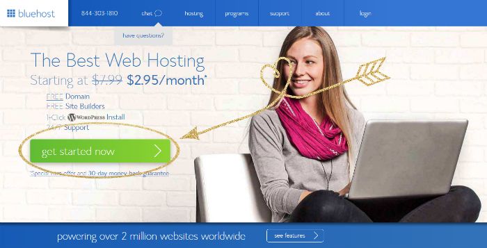 Bluehost "get started now" page screenshot