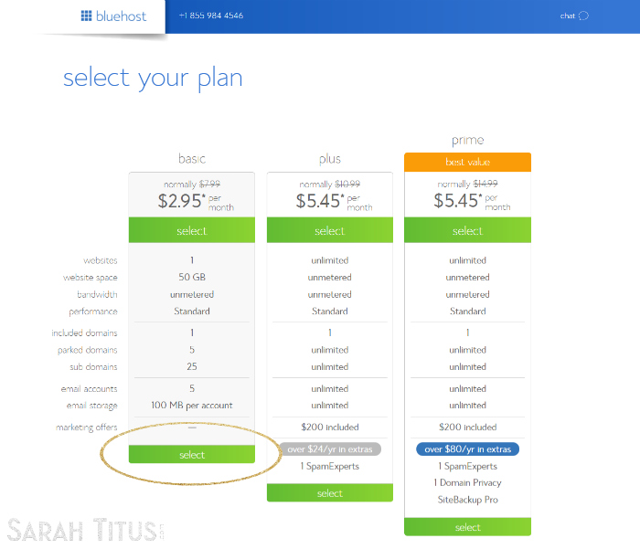 Bluehost "select your plan" page screenshot