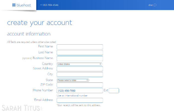 Bluehost create your account page screenshot