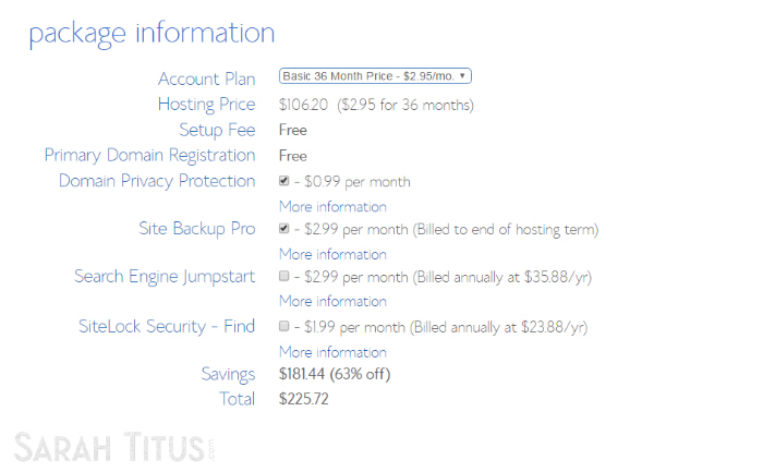 Bluehost web hosting package information page screenshot