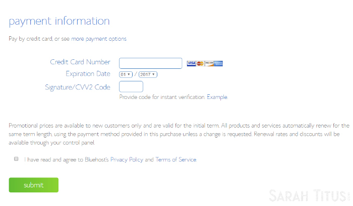 Bluehost website hosting payment information page for signing up