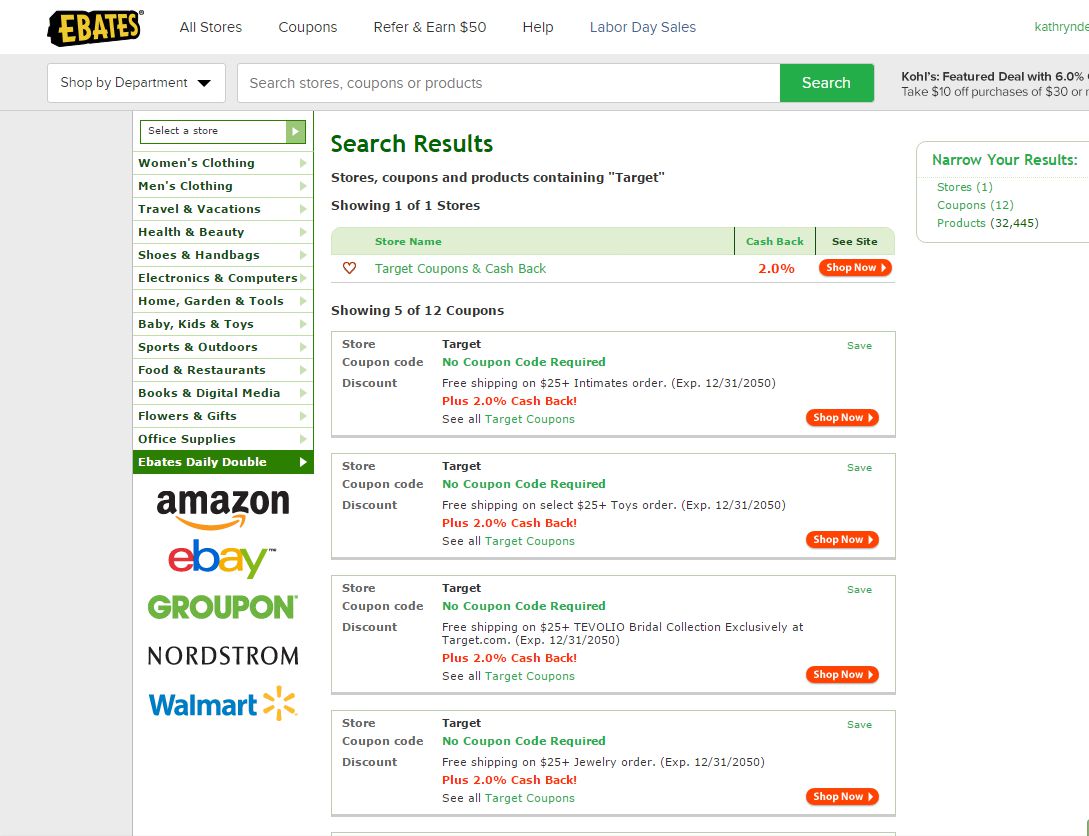 EBATES search results of places to shop with ebates