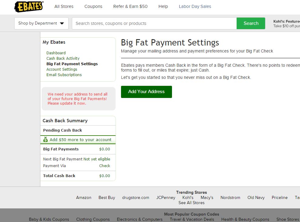 Ebates payment settings screenshot
