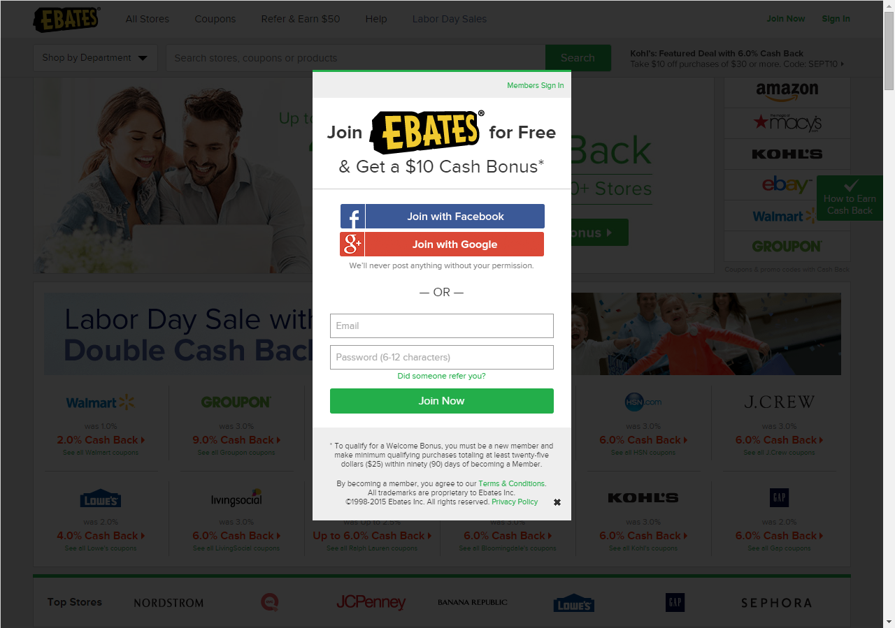 ebates sign up pop up