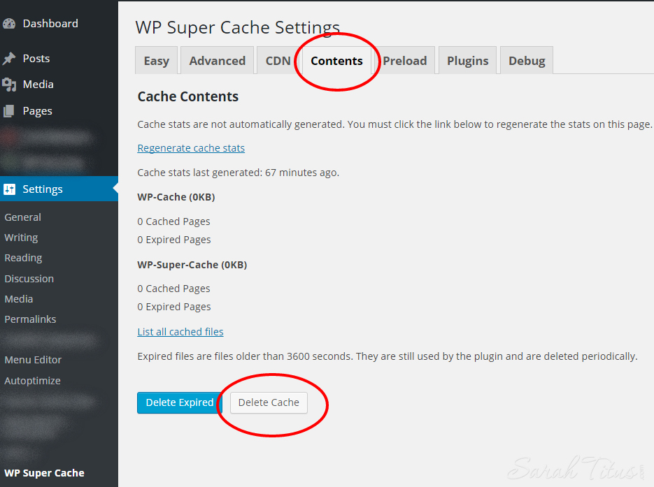 WP Super Cache ‹ Sarah Titus — WordPress- how to delete cache
