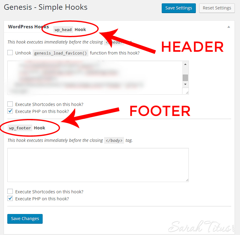 Genesis Simple Hooks screenshot of where to add header and footer scripts