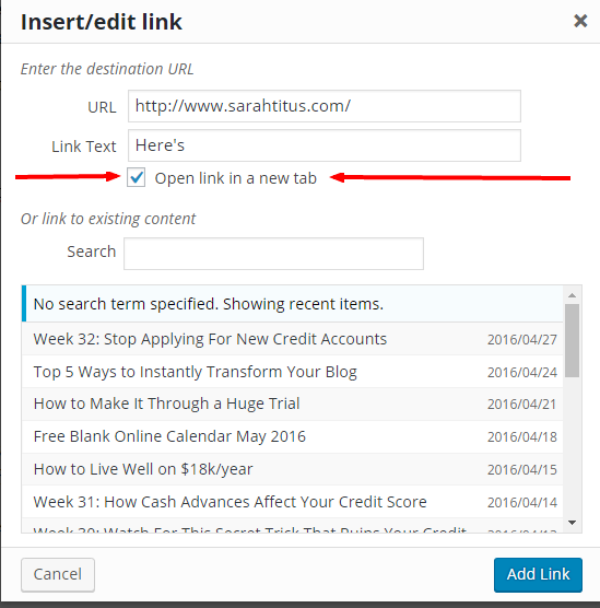 Screenshot of "open link in a new tab" in wordpress link options