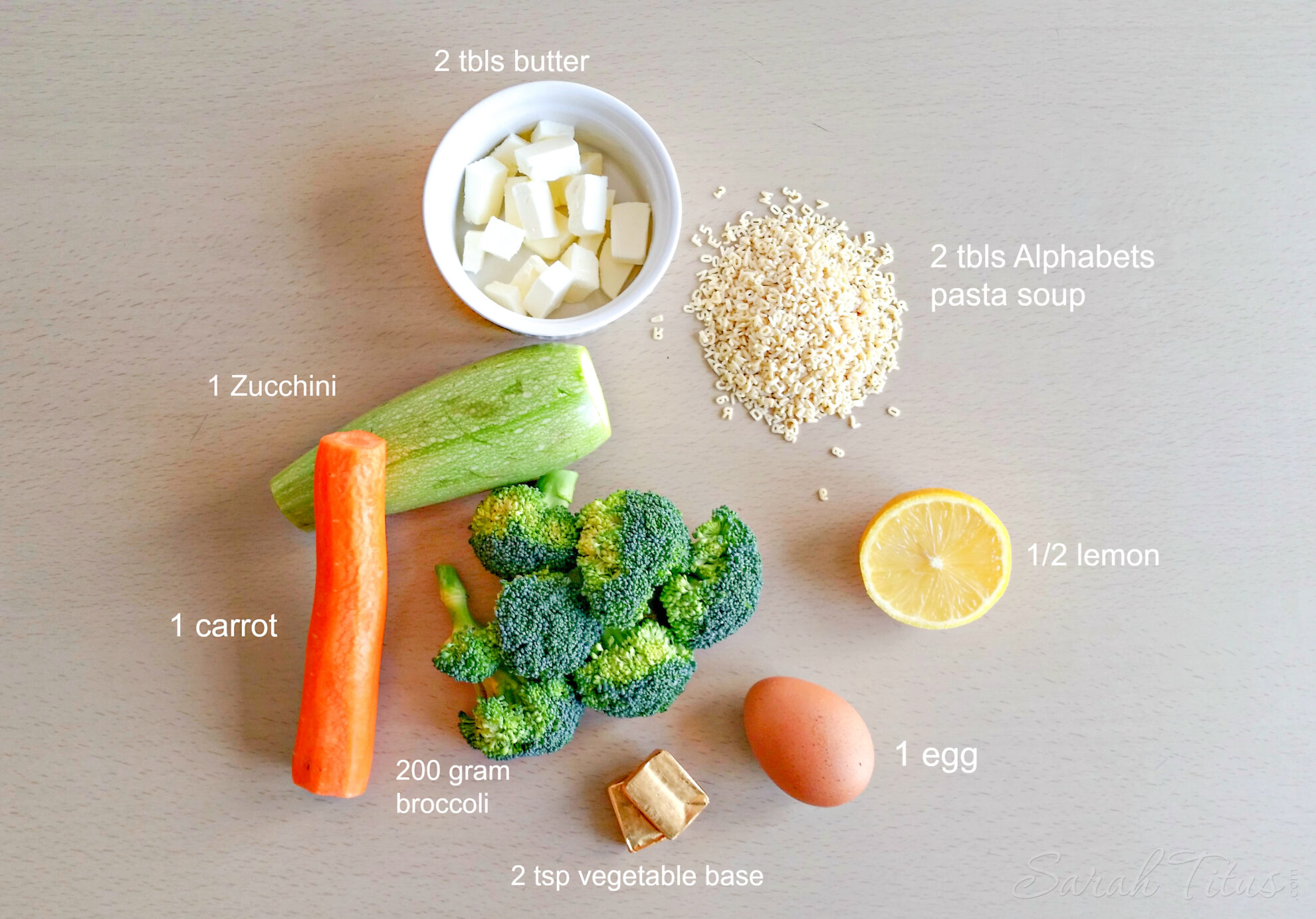 Greek Avgolemono Vegetable Soup ingredients: butter, pasta, lemon, egg, vegetable base, broccoli, carrot and zucchini
