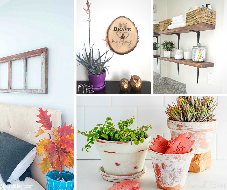 DIY Rustic Decor Projects collage with decorative shelves and storage