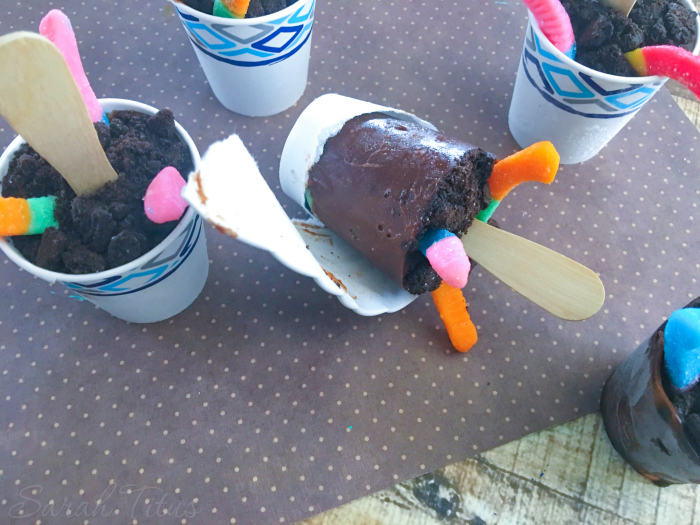 The completed Mud Pie Pudding Pops after being frozen and the cups peeled off