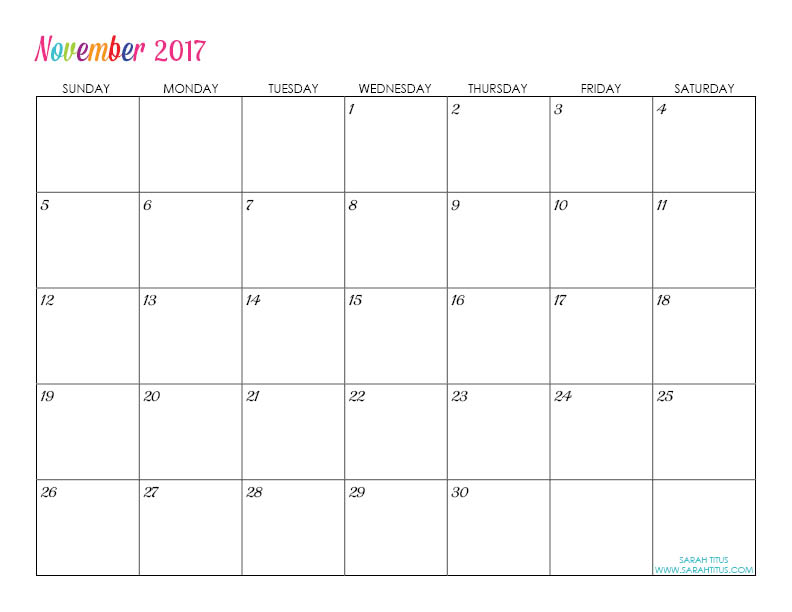 November Custom Editable Free Printable 2017 Calendar