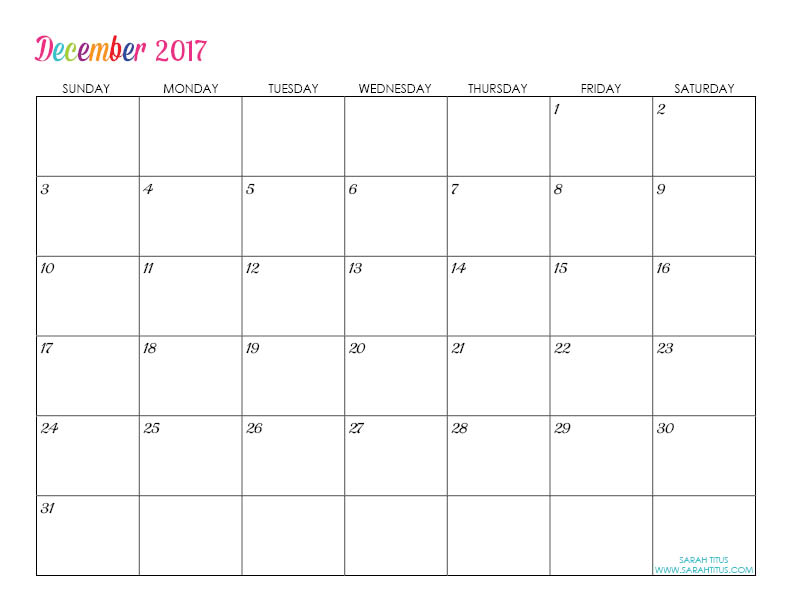 December Custom Editable Free Printable 2017 Calendar
