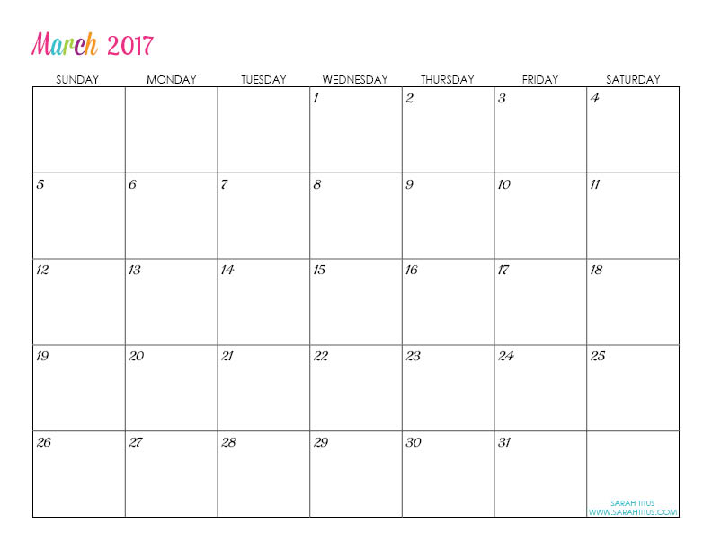 March Custom Editable Free Printable 2017 Calendar