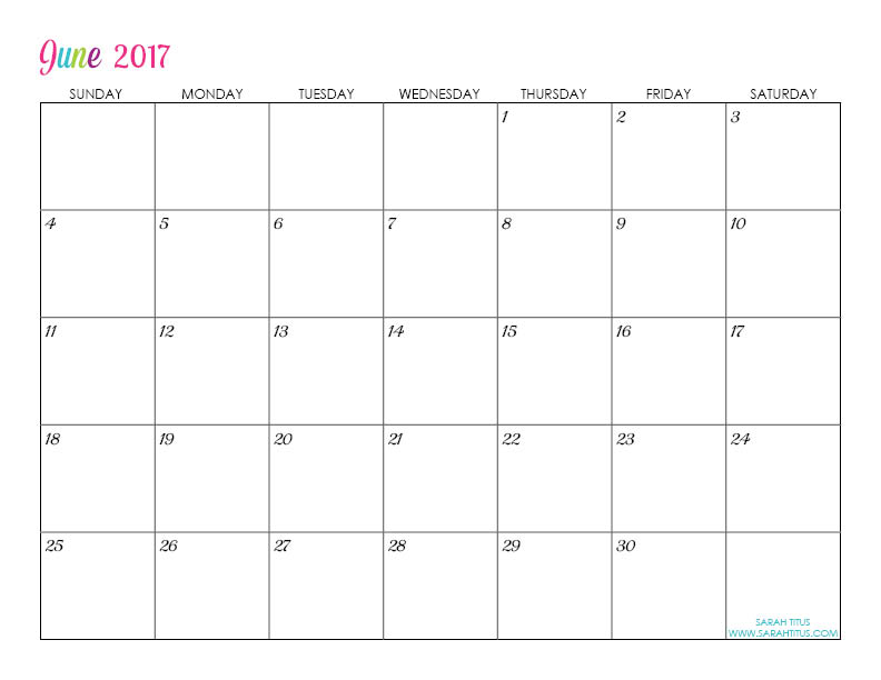 June Custom Editable Free Printable 2017 Calendar