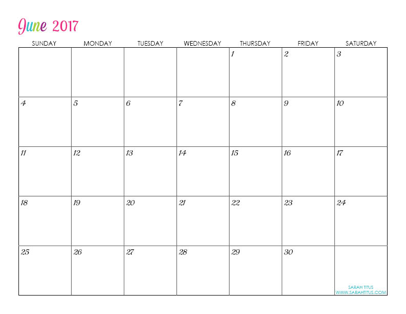 Free Blank Online Calendar June 2017 - Sarah Titus Free Blank Online Calendar June 2017 - Sarah Titus
