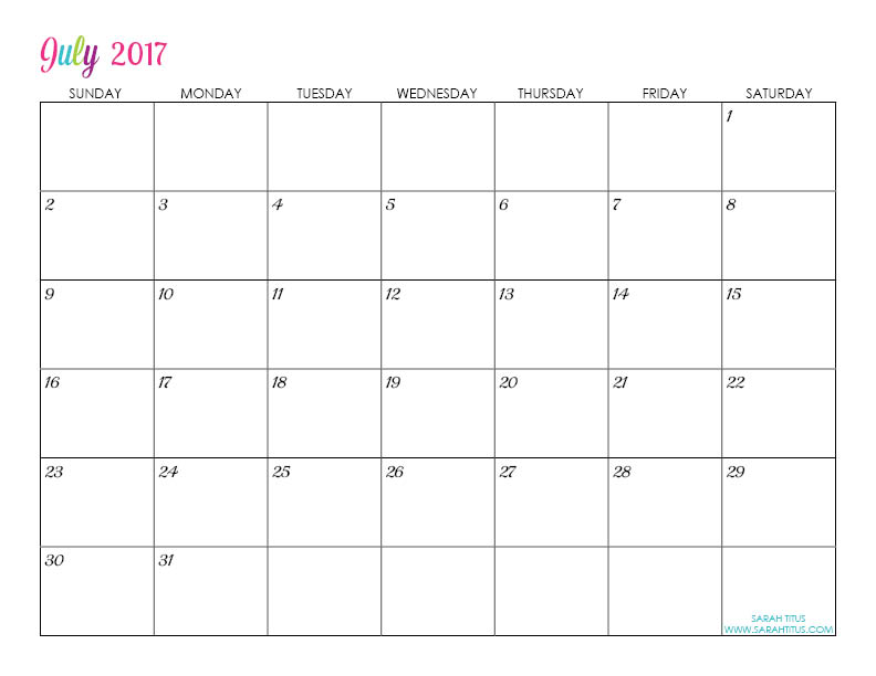 July Custom Editable Free Printable 2017 Calendar