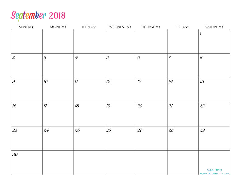 Free Blank Online Calendars September 2018 Sarah Titus