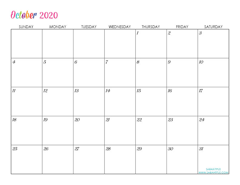 October Custom Editable 2020 Free Printable Calendar