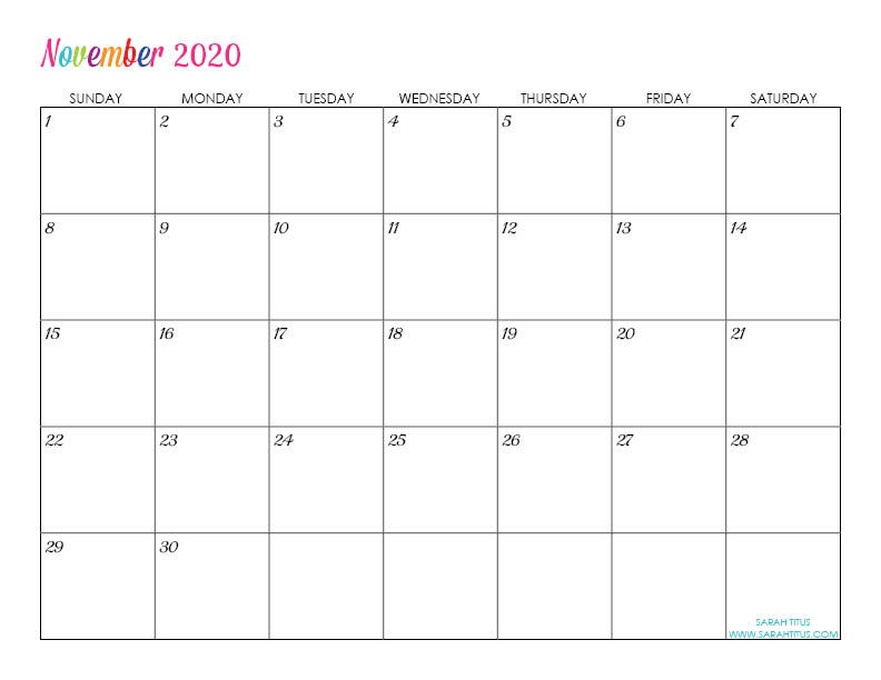 November Custom Editable 2020 Free Printable Calendar