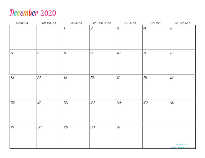 December Custom Editable 2020 Free Printable Calendars