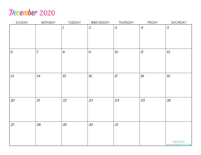 December Custom Editable 2020 Free Printable Calendars