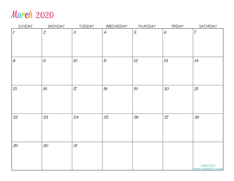March Custom Editable 2020 Free Printable Calendar