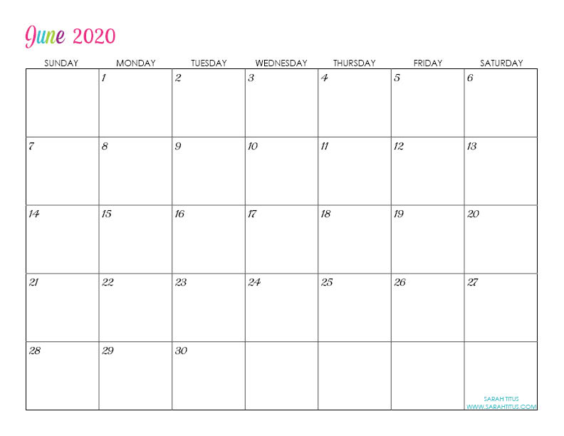 June Custom Editable 2020 Free Printable Calendar