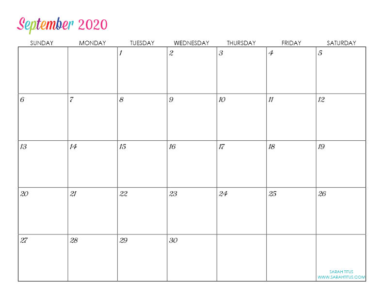 September Custom Editable 2020 Free Printable Calendar