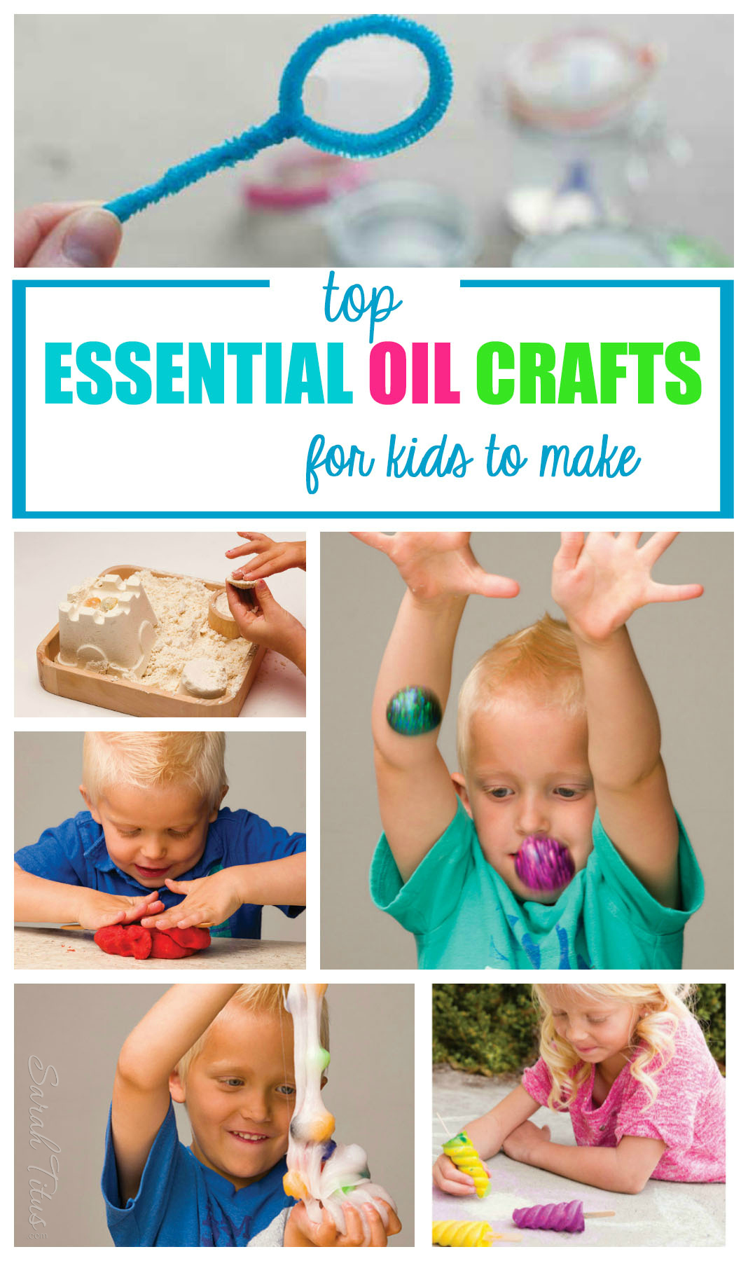 Top Essential Oil Crafts for Kids to Make: Chalksicles, bouncy balls, polka dot slime, bubbles, playdough, flubber, moon sand, kids paints.