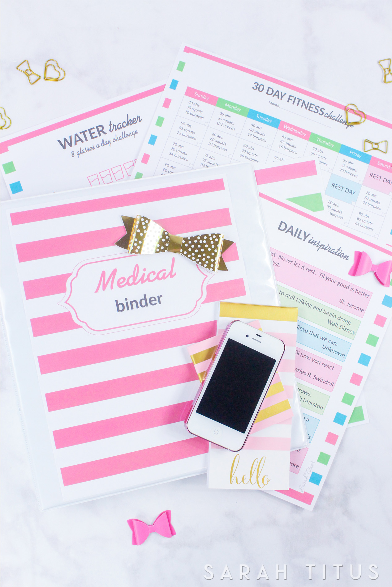 This Medical Binder has EVERYTHING you need with over 35 pages, from medical information, weight loss tracker, personal workout plan, fitness challenge, daily inspiration, family health history, and much, much more!