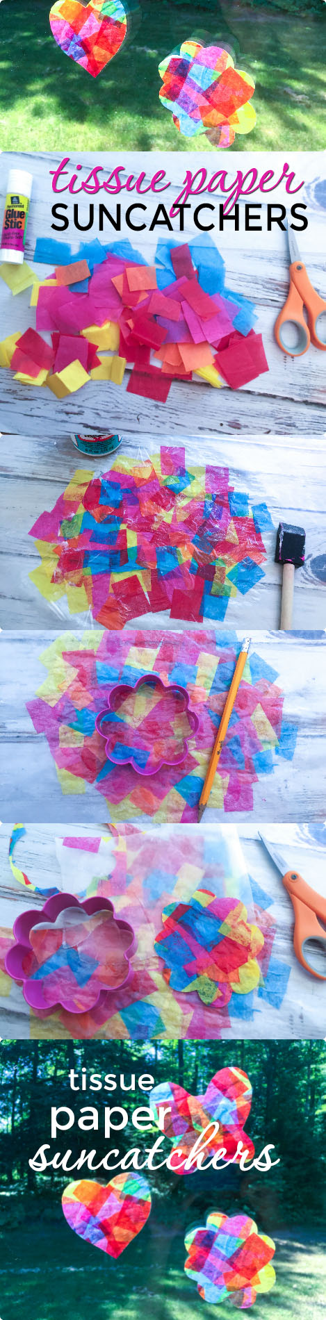These tissue paper suncatchers are so fun to make and they keep the little ones entertained for hours! Put ribbon on the ends and fly them around the house like a kite!