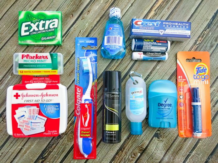 Items to go in Teacher Emergency Kit: gum, mouthwash, toothpaste, floss, bandaids, toothbrush, hairspray, antibacterial gel, deodorant and stain stick