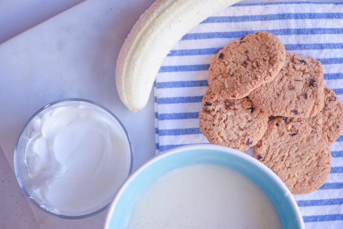 Banana Pudding ingredients of cream cheese, banana, milk and chocolate chip cookies