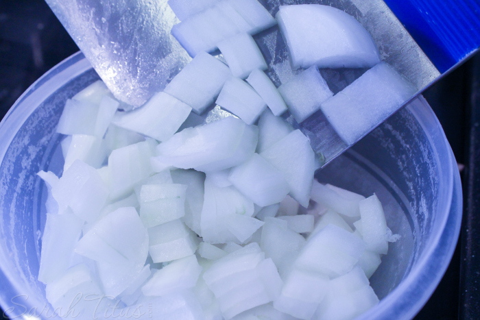 Chopped onions in a plastic bowl