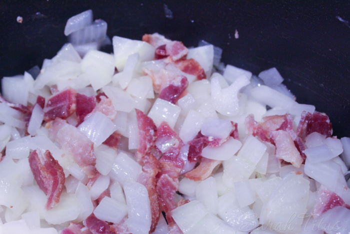 Onions and baking cooking together in a pan