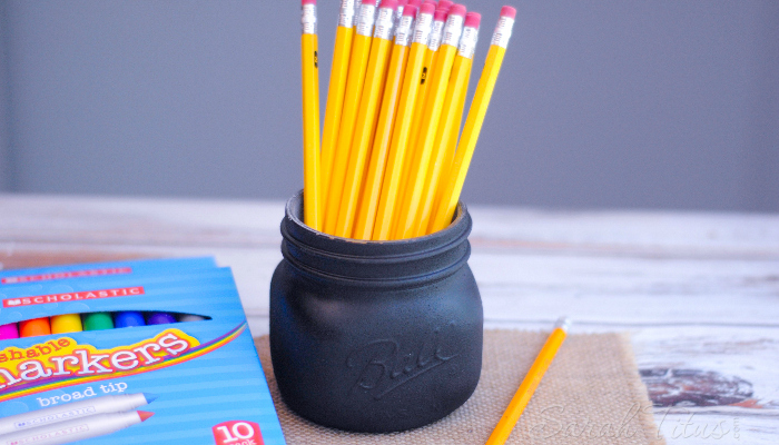 Completed chalkboard painted pencil jar full of pencils