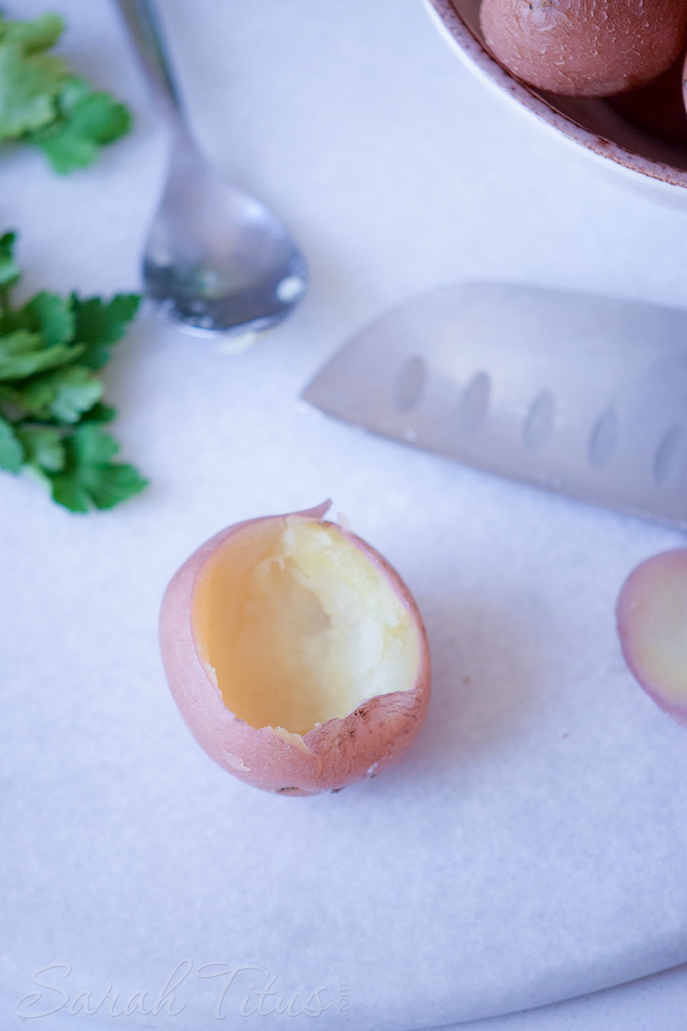 Red potato is now a little "bowl" for your cream cheese mixture