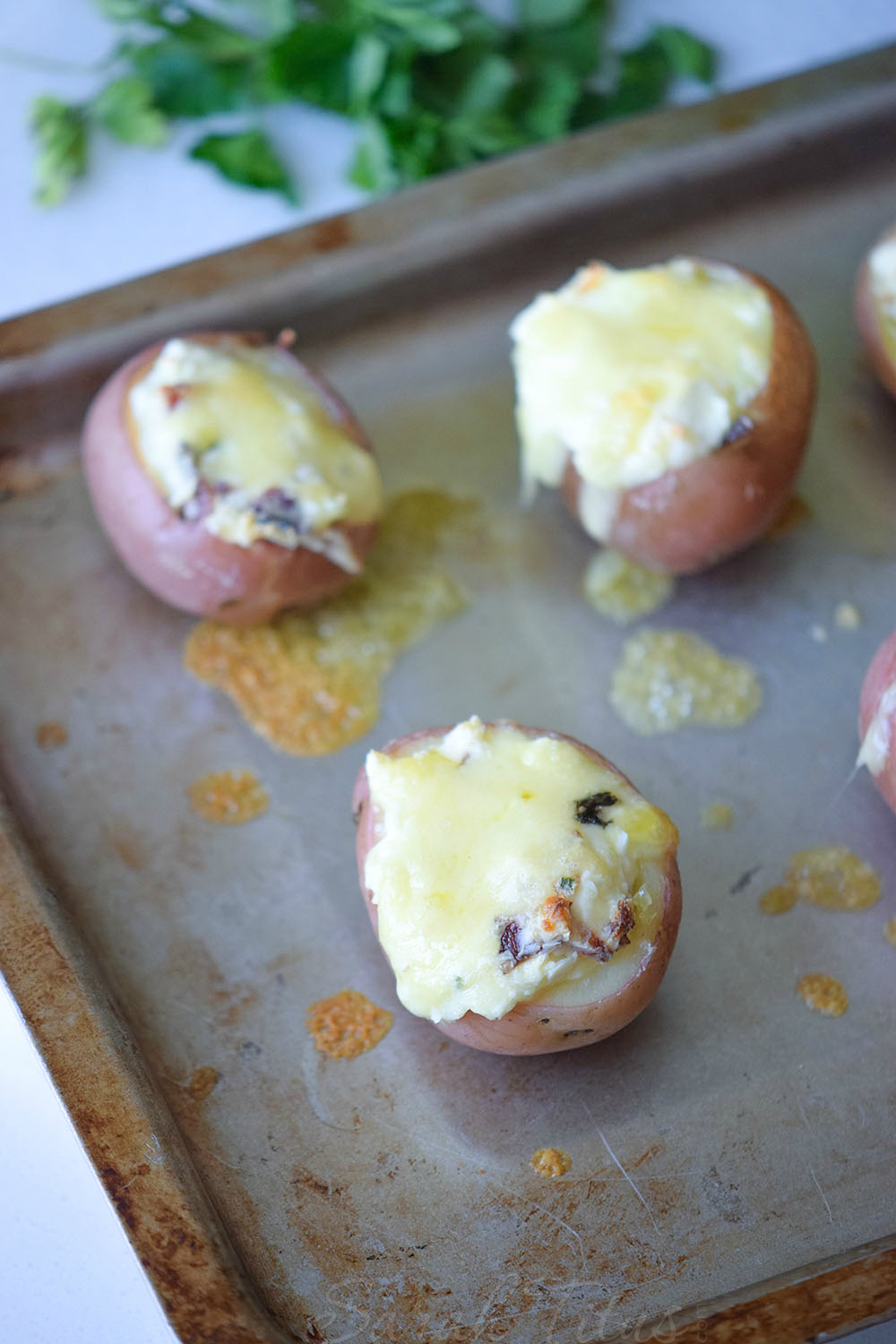 The mini stuffed potato bites fresh from the oven all baked and cheesy