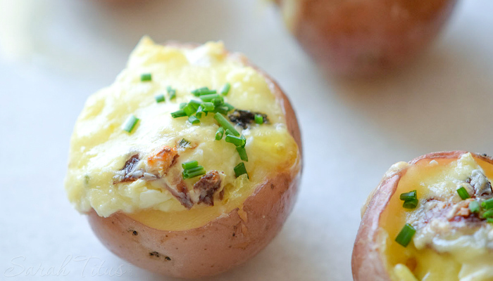 Delicious looking finished cooking itty bitty mini stuffed potato bites 