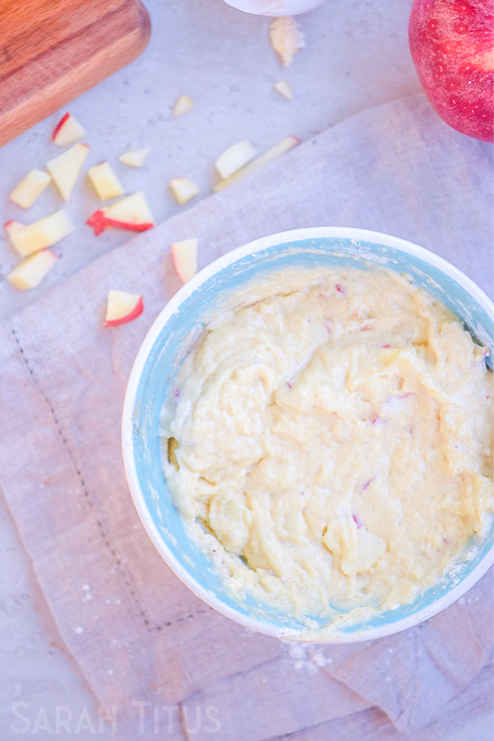 The completely mixed batter for the baked apple doughnuts