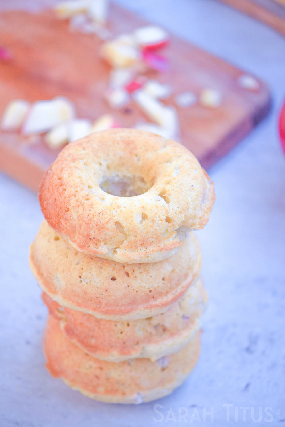 A stacked tower of baked apple doughnuts 