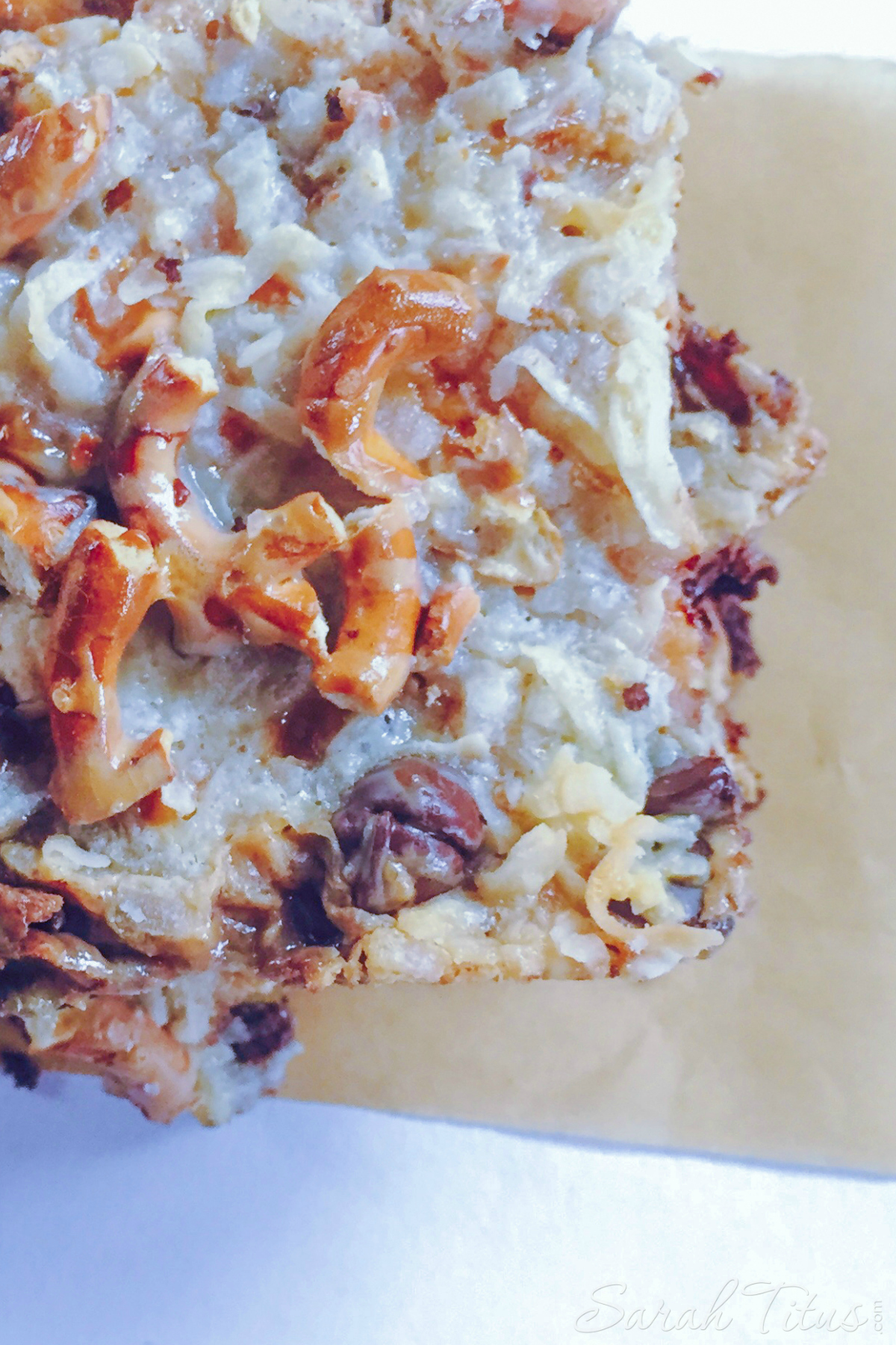 Close up of the freshly baked Salted Caramel Magic Bars 