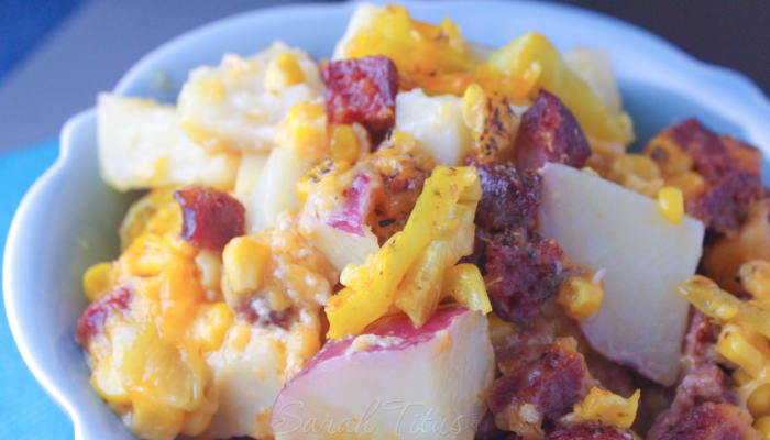 Full bowl of delicious looking Potato and Polish Sausage Bake